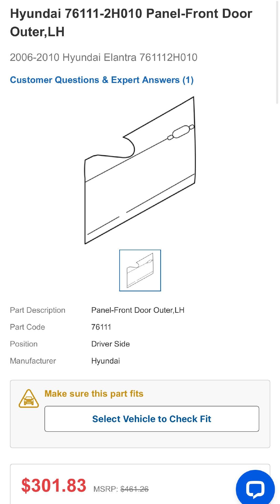 Genuine OEM 76111-2H010 Panel-Front Door Outer, LEFT 2006-2010 Hyundai Elantra