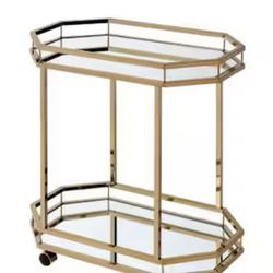 Bar Cart With Glass Shelves & Rolling Wheels.