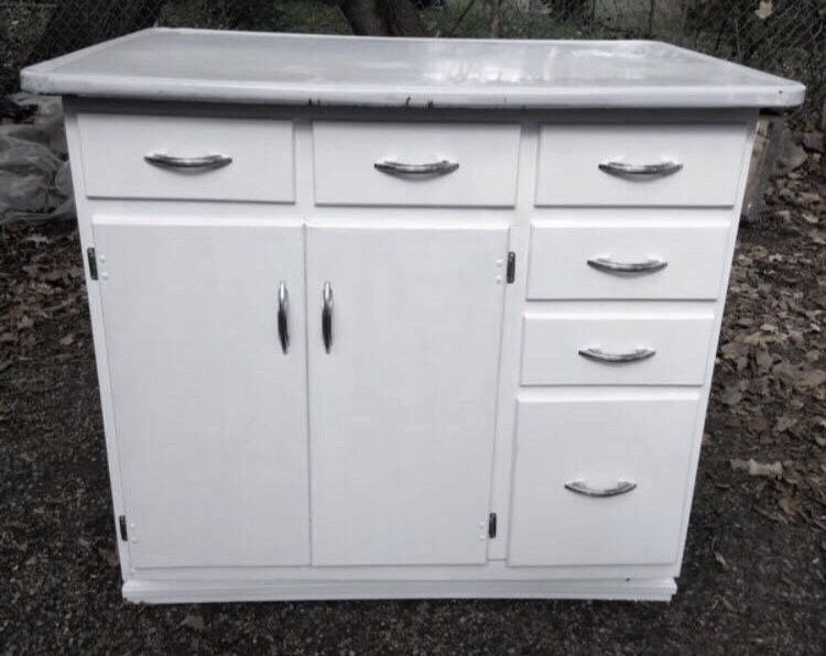 Vintage porcelain " hoosier " cabinet base bottom w/ metal bread drawer wood kitchen island