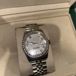 Luxury Silver Watch with Studded Crystal Bracelet Band.