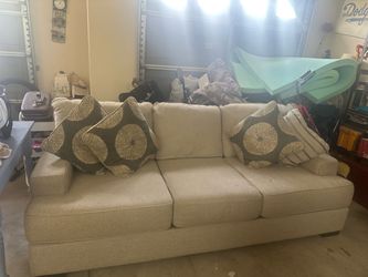 Beige 3-Seat Fabric Sofa with Throw Pillows