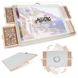 LL4JIG 1500 Pieces 2-in-1 Tilting & Rotating Board for Adults Gifts, Wooden Jigsaw Puzzle Table with 4 Drawers, Portable Board with Lazy Susan and Cov