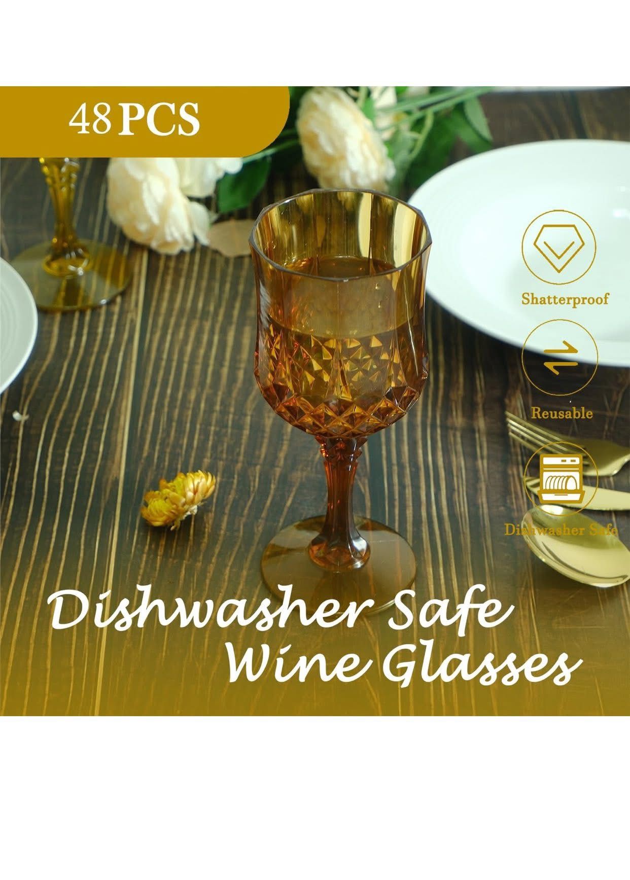 Plastic Wine Glasses,Plastic Goblets Vintage Style Cordial Glasses Drinking Glasses for Wedding Reception, Grand Event Party Supplies (48, Amber)
