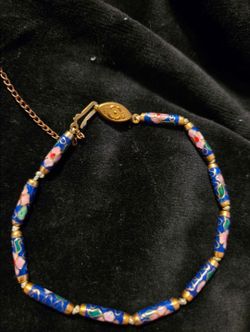 Vintage Chinese Cloisonné Beaded Bracelet featuring blue enamel pink and white floral motifs