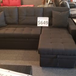 Brand New 89" x 61" Black Linen Convertible Pullout Sectional With Storage Chaise