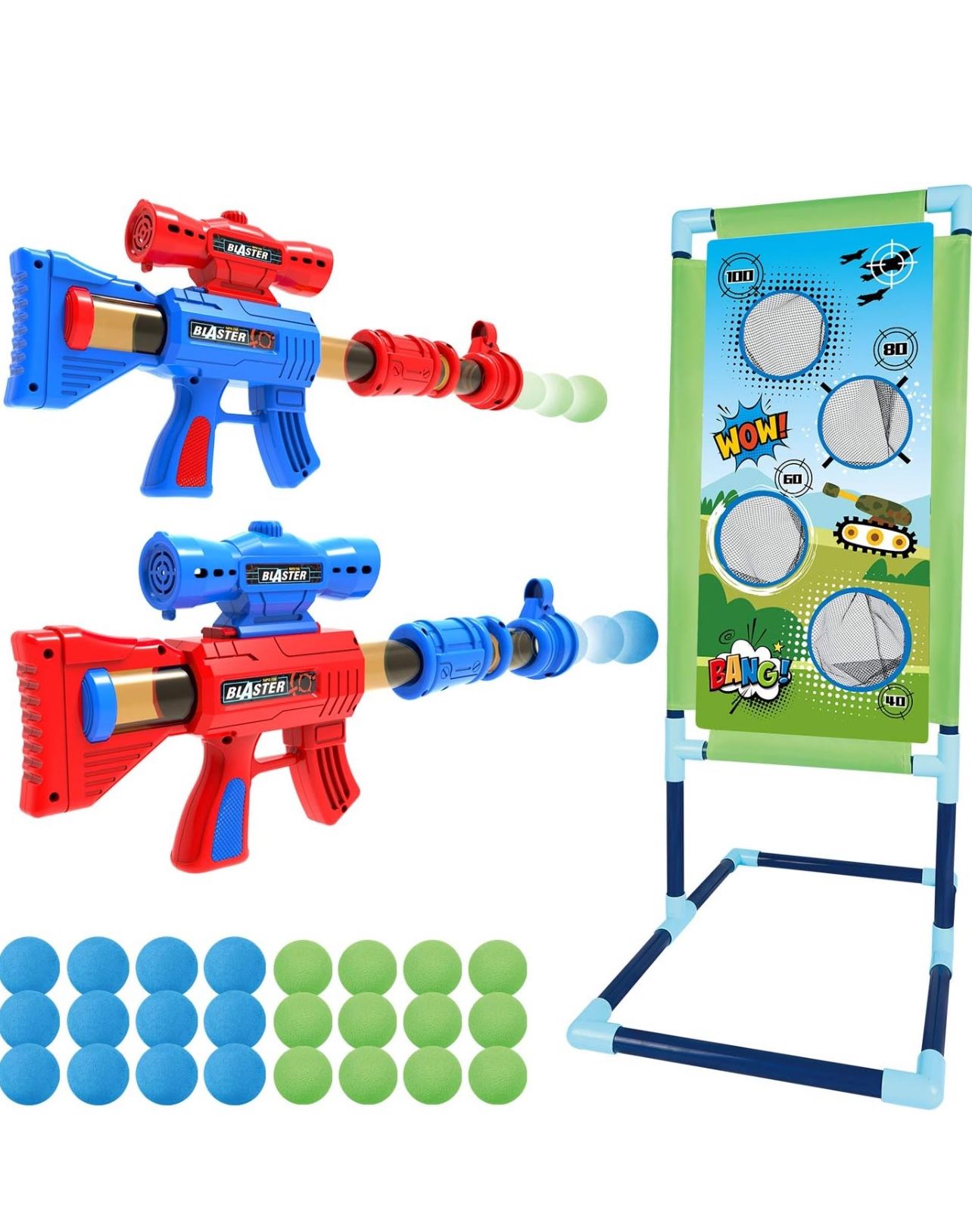 SpringFlower Shooting Game Toy for 5 6 7 8 9 10+ Years Olds Boys,2pk Foam Ball Popper Air Toy Guns with Standing Shooting Target,24 Foam Balls, Ideal 