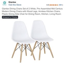 Giantex Set Of 2 Modern White Molded Plastic With Wood Legs Side Dining Kitchen Chairs