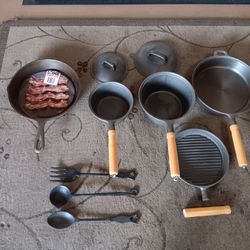 ✨Vintage cast iron cookware & Lodge iron skillet 10"🔥and 3 metal utensils👍