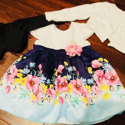 24M Floral Blue, White, & Pink Dress & 2 Cover Ups (Black & White); Dress is White, Navy, Light Blue, Pink, & Yellow with Flower on Waist