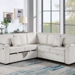Gorgeous! Ivory sectional sofa with Pull-out bed & storage