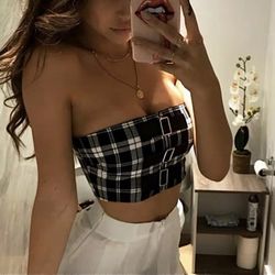 Black & white plaid zip up tube top