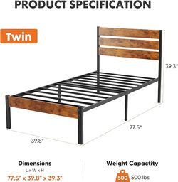 Twin Metal Bed Frame with Wood Headboard
