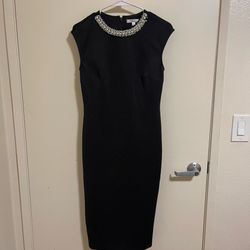 Spense Black Sheath Dress Size 4 Faux Pearl Embellished Neckline Womens Cocktail