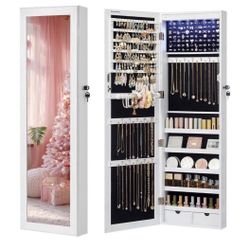   6 LEDs Mirror Jewelry Cabinet, 47.2-Inch Tall Lockable Wall or Door Mounted Jewelry Armoire Organizer with Mirror, 2 Drawers, Christmas Gift, 3.9 x 