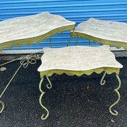 Set Of 3 Green Decorative  Metal Tables  with tan faux cracked table finish. 