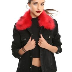 Hot Topic Red Removable Faux Fur Black Denim Jacket