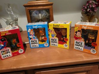 Snap crackle and pop cereal dolls never been open old.The three p set eighty dollars