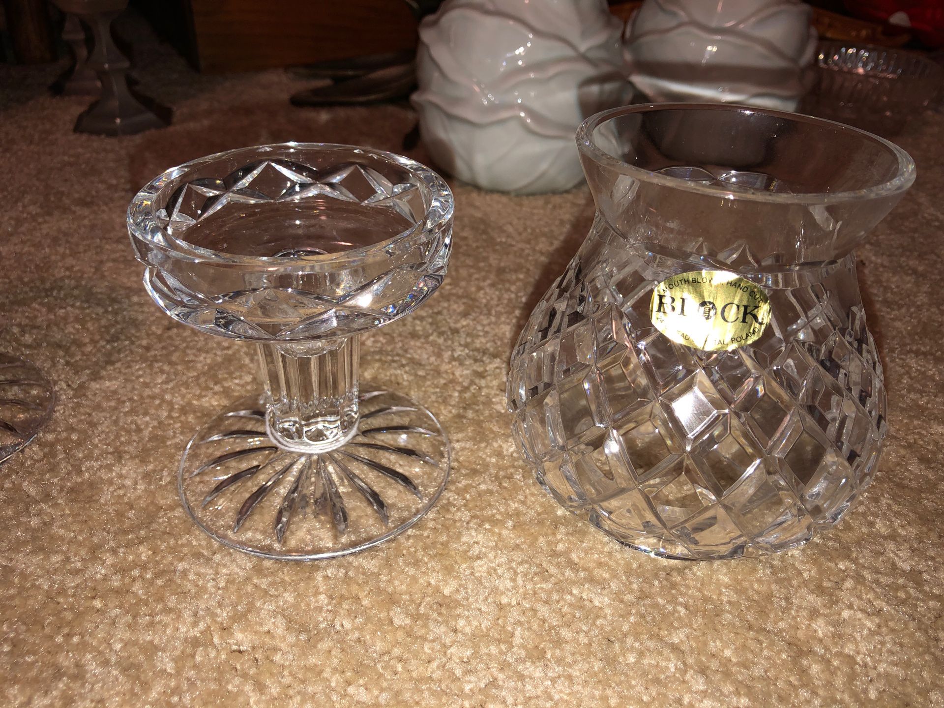 Block 2, 8” Tall Mouth Blown Hand Cut 24% Lead Crystal Votive Hurricane Candle Holders on Pedestals, Art