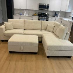 New Ivory Corduroy Chaise Sectional Sofa with Storage Ottoman & USB Ports (Delivery Available)