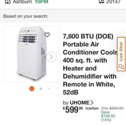 5000 (DOE) BTU Portable Air Conditioner Cools 250 sq. ft. with Dehumidifier in White