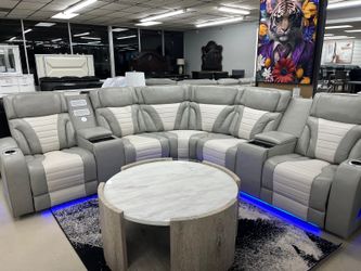 Power Reclining Sectional w/LED light, Wireless surround system, USB charger, starts @ $1899.00 