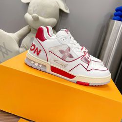 New Louis Vuitton RED/White Velcro strap Mono Trainer Sneakers (Size: Euro  44 /men's 10-11) for Sale in Valley Stream, NY - OfferUp