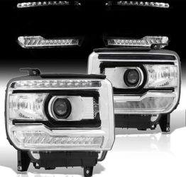 2014 - 2019 GMC Sierra 1500 Sierra 2500HD Sierra 3500HD LED DRL Bar Factory Projector Headlights Black Housing Halogen Models Only 14 - 19