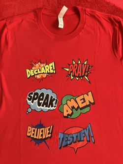 CHRISTIAN WOMENS RED TSHIRT M Believe PRAY Amen - Printed In USA - The ONLY 1 Made