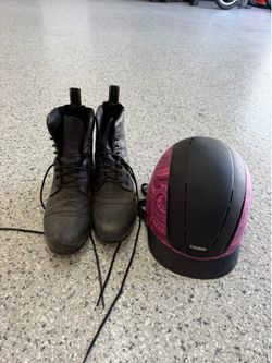 Ariat horseback riding boots & helmet