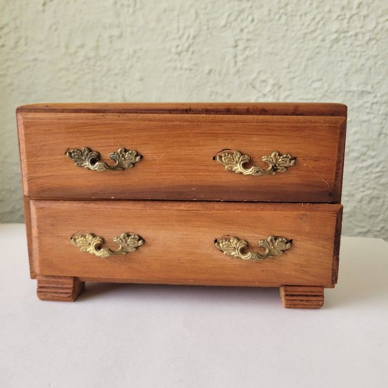 Vintage Solid Wood Trinket Jewelry Box 2 Drawers Organizer 8x5x5.5" Grandmacore