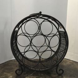 Vintage Round Wrought Iron Tabletop Wine Rack, Footed 7 Bottle Rustic Rattan