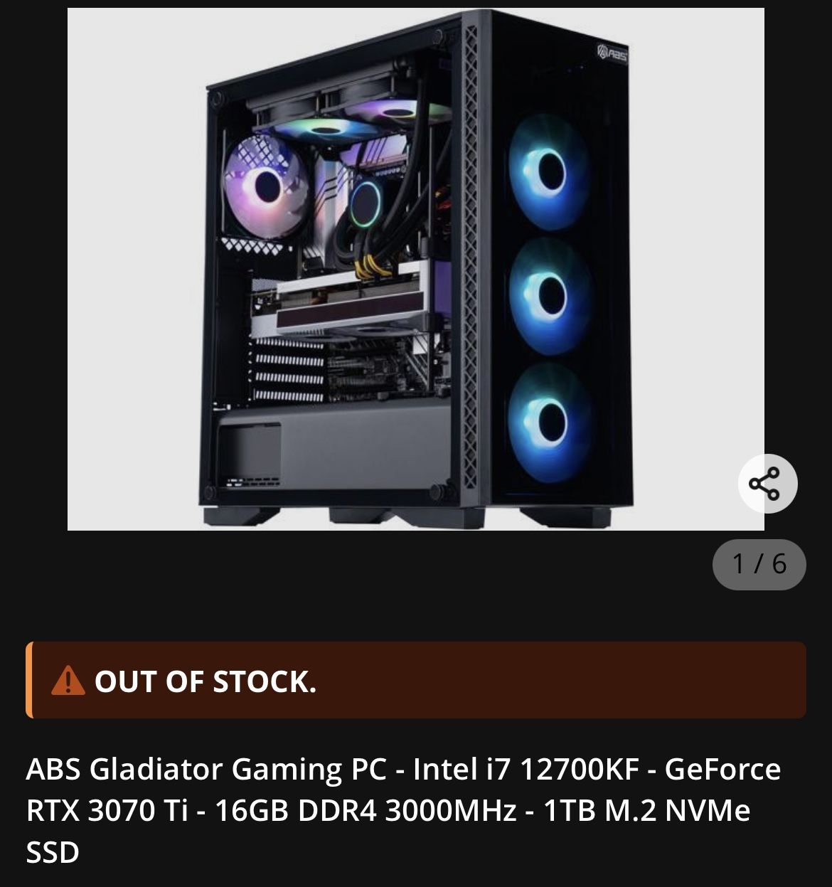 ABS Gladiator Gaming PC - Intel i7 12700KF - GeForce RTX 3070 Ti - 16GB DDR4 3000MHz - 1TB M.2 NVMe SSD