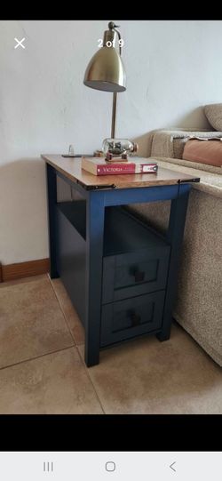 Navy Blue Side Table with Charging Station and Drawers