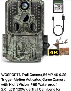 WOSPORTS Trail Camera,56MP 4K 0.2S Trigger Motion Activated