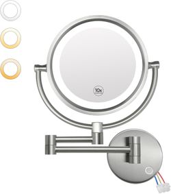 GURUN LED Wall-Mount Makeup Mirror - Dual Sided 1x/10x Magnification, Brushed Nickel