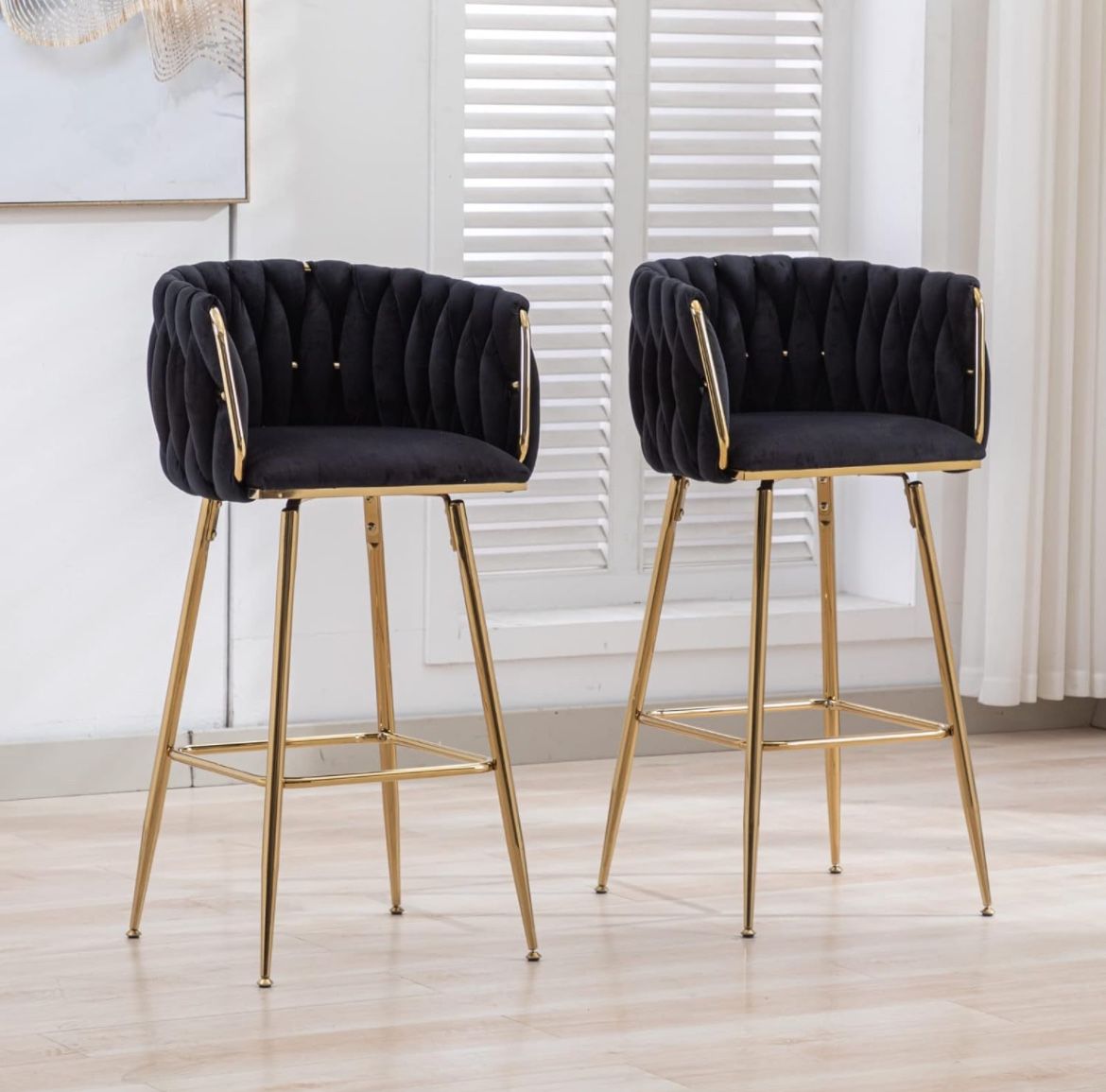 Swivel Bar Stools Set of 2, 26 Inches Counter Height Stools with Woven Barrel Backrest and Gold Metal Legs, Upholstered Velvet Kitchen Counter Stools 