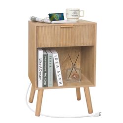 Wood Side End Table Nightstand with Charging Outlets USB Ports New Condition Assembled Size Length 16", Width 12", Height 24" 