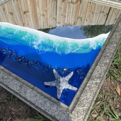 Pretty Silver Framed Mirror With Resin Ocean And Sea Shells 
