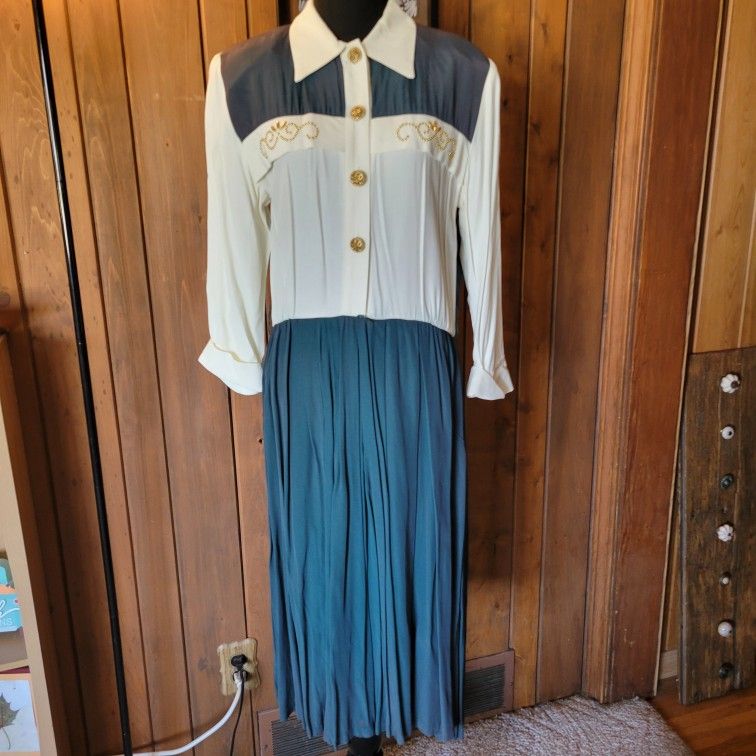 Vtg Meryl Fashions Grn Cream Collared Dress Gold Embellishments Shou Pads Sz 10