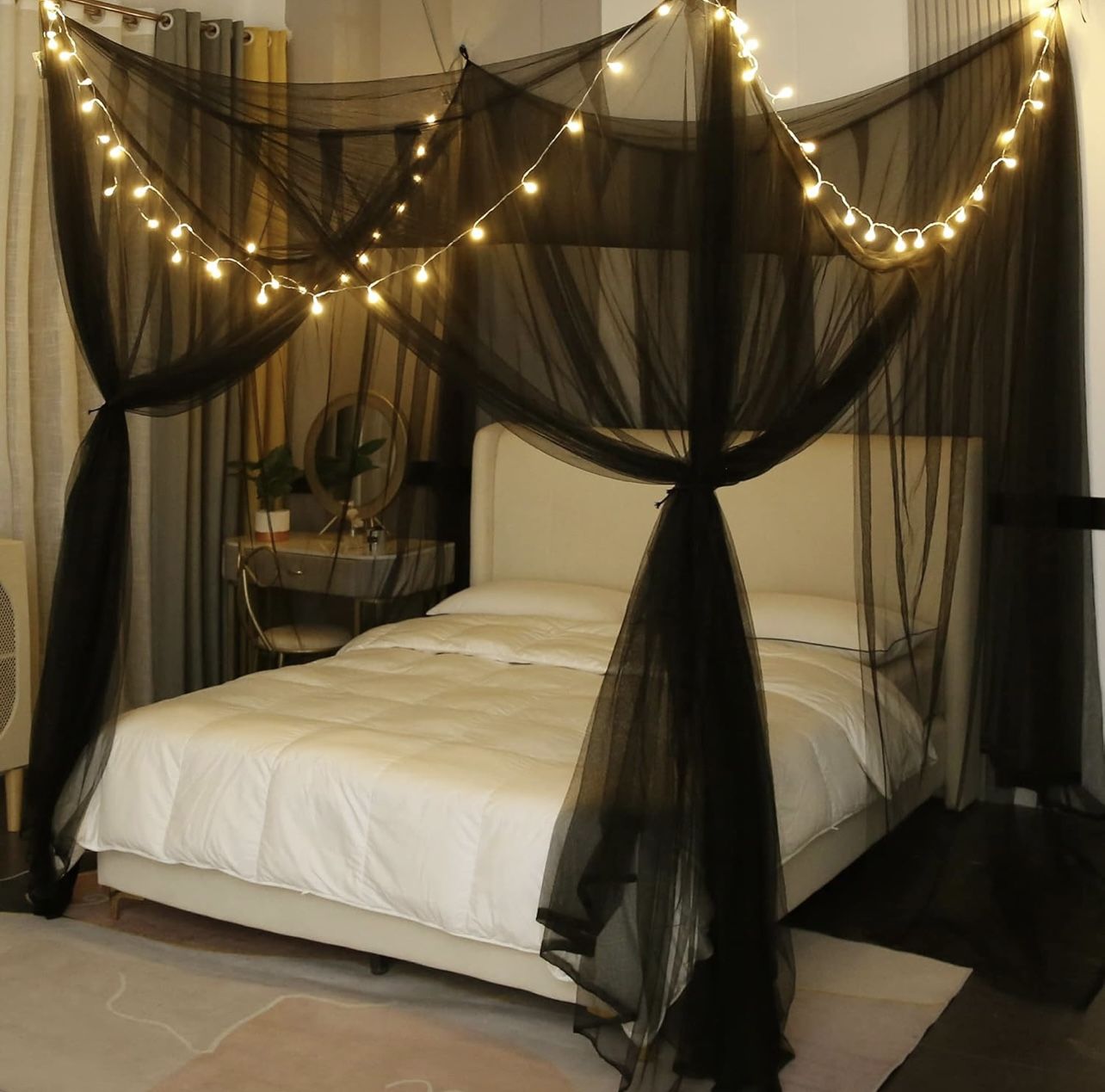 Mengersi Canopy Bed Curtains with Lights,Elegant Bed Canopy Curtains Bed Netting for Full Queen King Size Bed,Halloween Decoration,Gothic Black Room D