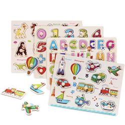 Wooden Peg Puzzles for Toddlers 2 3 Years Old, WOOD CITY Alphabet & Number Puzzles for Kids, 4 Pcs Toddler Puzzles Set - Letters, Numbers, Animals and