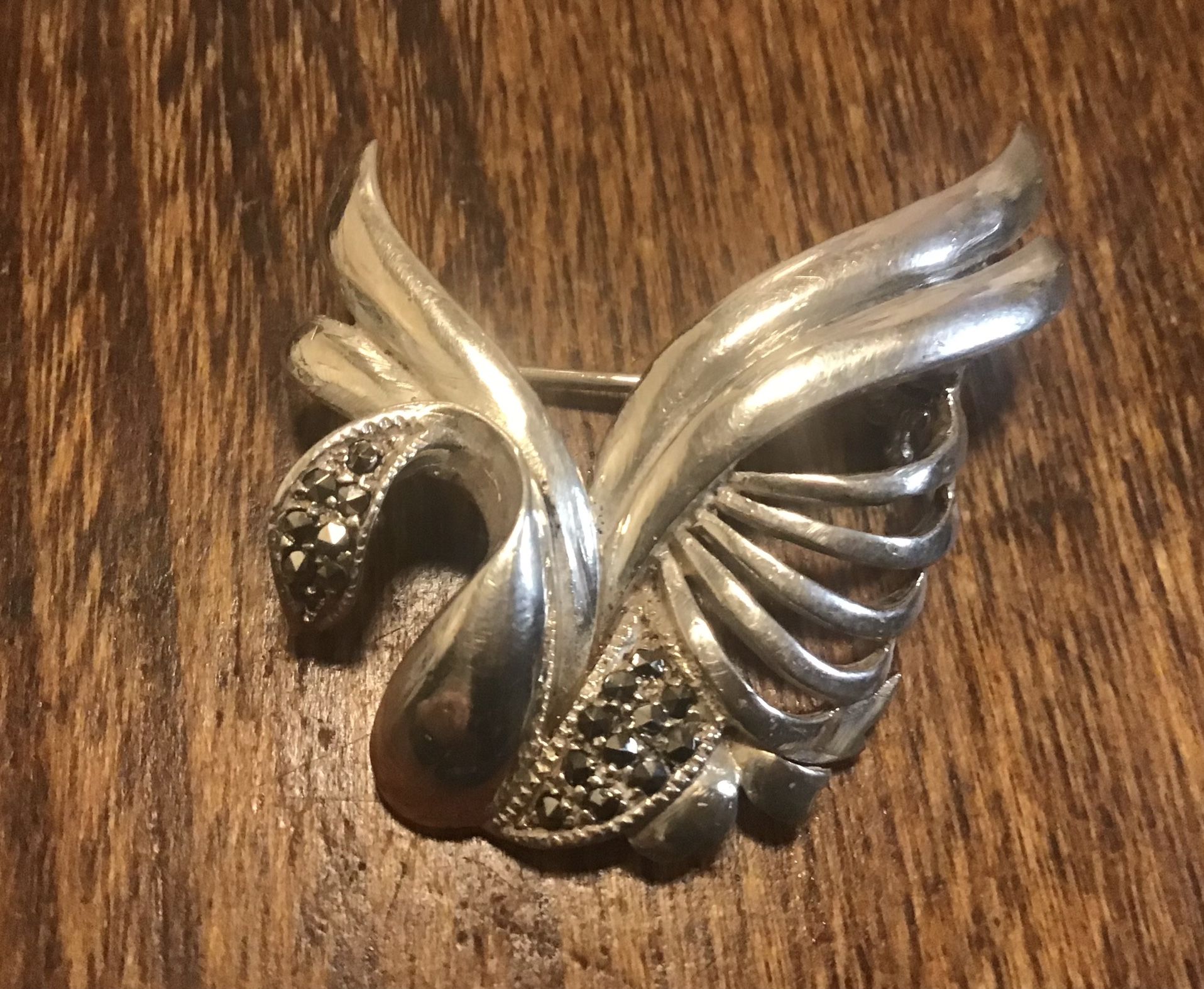 Sterling Marcasite Swan Brooch