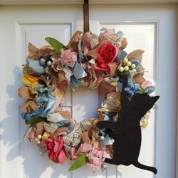 Floral Black Cat silhouette wreath handmade
