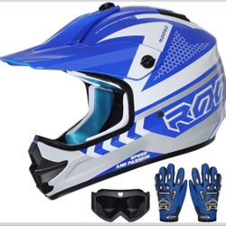 Youth Medium Full Face Dirt Bike Motorcycle Helmet, Goggles and Gloves- DOT Certified