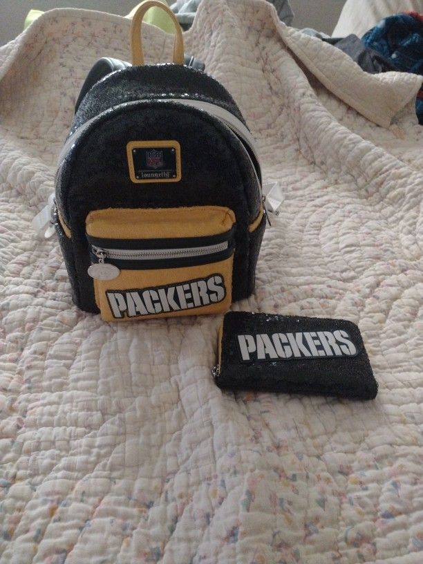 Green Bay Packers Sequined Backpack And Wallet,All Products : American Fashion Style Bags On Sale