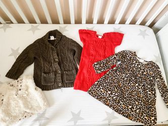 LIKE NEW ADORABLE- H&M Baby Girls 9-12 month clothing lot (sweater dress, cardigan, vest, leopard!)