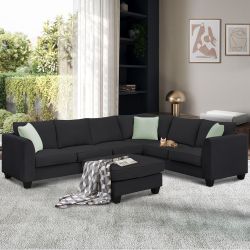 112*87 Sectional Sofa Couches Living Room Sets, 7 Seats Modular Sectional Sofa with Ottoman, L Shape Fabric Sofa Corner Couch Set wit