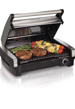 Hamilton Beach Electric Indoor Searing Grill Removable Easy-To-Clean Nonstick Plate, 6-Serving, Extra-Large Drip Tray, Stainless Steel (25360)