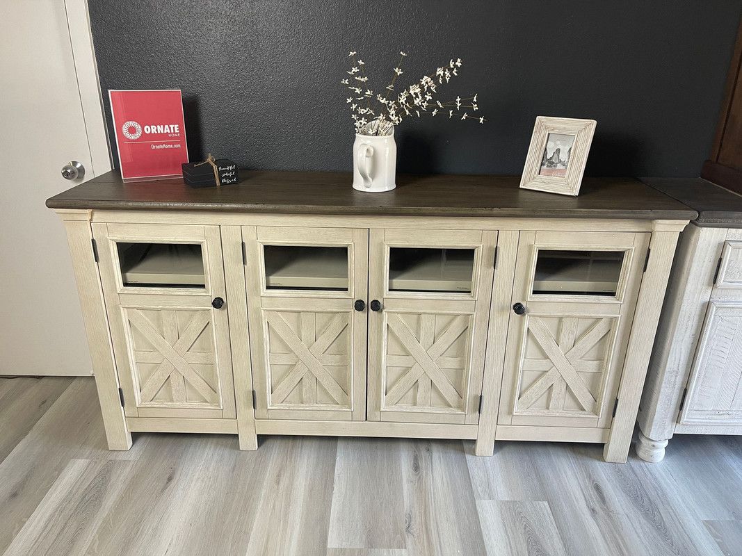 Weathered Oak Top and A. White 4-Door 74" Extra Large TV Stand / Cabinet