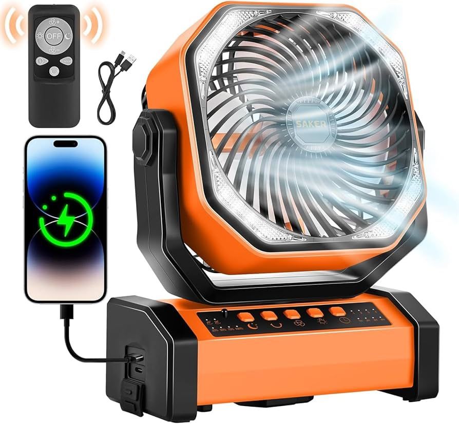 Saker Rechargeable Camping Fan-20000mAh Battery Powered Tent Fans with Hanging Hook,LED Lantern,Auto-Oscillating,Quiet Portable Ceiling Table Fan for 